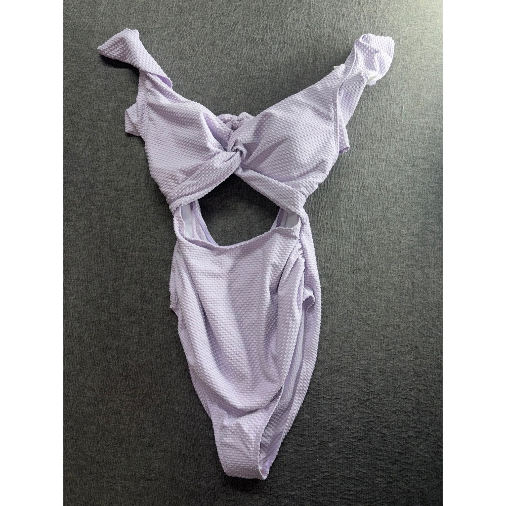 Yesfashion Lavender Textured Cutout One Piece Swimsuit Ruffle Sleeve Purple S
